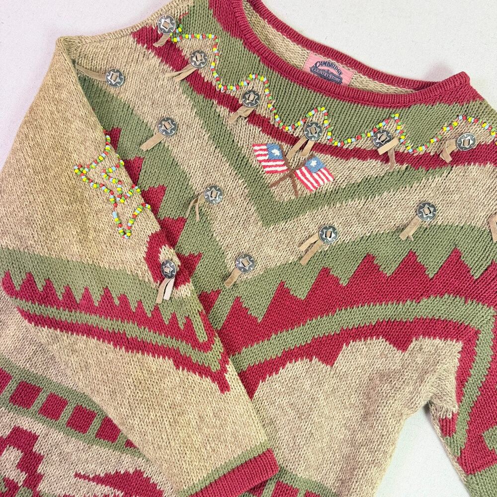 Vintage 90s Western Beaded Concho Americana Southwest Oversized Sweater Womens M